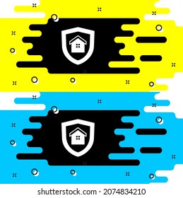 Weißes Haus mit Schild Symbol einzeln auf schwarzem Hintergrund. Versicherungskonzept. Sicherheit, Sicherheit, Schutz, Schutzkonzept.  Vektorgrafik