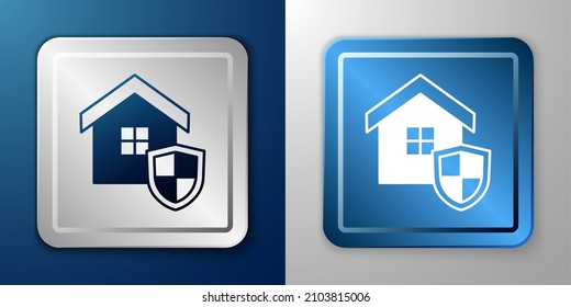 Weißes Haus mit Schild Symbol einzeln auf blauem und grauem Hintergrund. Versicherungskonzept. Sicherheit, Sicherheit, Schutz, Schutzkonzept. Silber und blauer Quadrat-Button. Vektorgrafik