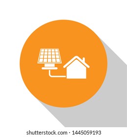 White House with solar panel icon isolated on white background. Ecology, solar renewable energy. Eco-friendly house. Environmental Protection. Orange circle button. Vector Illustration
