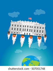 White house in space. USA President Residence rocket turbo. American National Palace flies. Government building connected to future. Fantastic main Landmarks Washington dc.