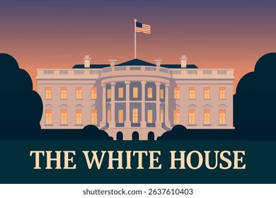 The White House stands against a glowing sunset sky, its iconic silhouette casting a peaceful yet powerful image of American governance.