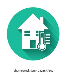 White House temperature icon isolated with long shadow. Thermometer icon. Green circle button. Vector Illustration
