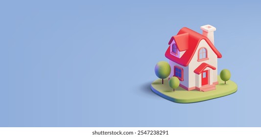 White house, trees, grass, 3D. Banner for real estate concepts, big house for family. Buying, selling, renting, mortgage. Vector illustration.