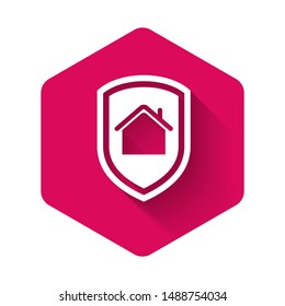White House under protection icon isolated with long shadow. Home and shield. Protection, safety, security, protect, defense concept. Pink hexagon button. Vector Illustration