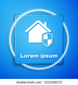 White House under protection icon isolated on blue background. Home and shield. Protection, safety, security, protect, defense concept. Blue square button. Vector Illustration