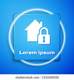 White House under protection icon isolated on blue background. Home and lock. Protection, safety, security, protect, defense concept. Blue square button. Vector Illustration