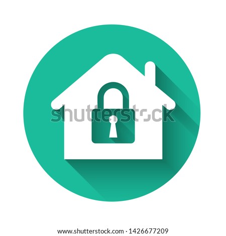 White House under protection icon isolated with long shadow. Home and lock. Protection, safety, security, protect, defense concept. Green circle button. Vector Illustration