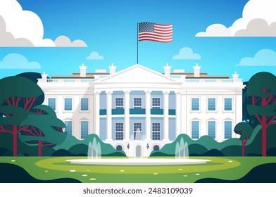 White House US presidential election American flag iconic building front view with garden trees blue sky clouds background