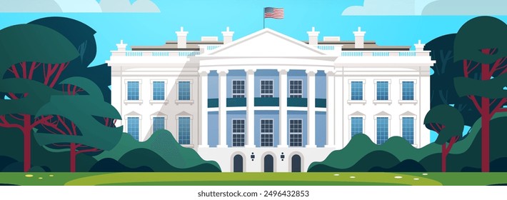 Casa Blanca EEUU elección presidencial edificio de gobierno rodeado de árboles cielo azul Bandera americana vista frontal arte digital