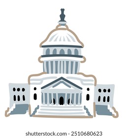 Ilustração de desenho animado vetorial da Casa Branca. Washington DC CAPITÓLIO. Símbolo dos EUA isolado em fundo branco.