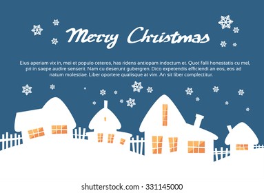 White House Village Silhouettes Yellow Window Light Blue Sky Merry Christmas New Year Card Flat Vector Illustration