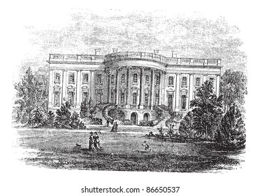 White house in Washington, D.C, America, during the 1890s, vintage engraving. Old engraved illustration of the South facade of the White House. Trousset encyclopedia (1886 - 1891).