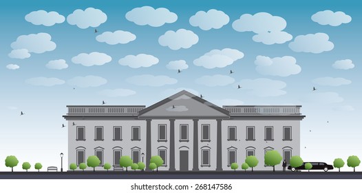 White House Washington DC mit Black Silhouette von Mann und Auto Vector Illustration. Business Reise- und Tourismuskonzept mit Platz für Text. Bild für Präsentation, Banner, Plakatwand und Website