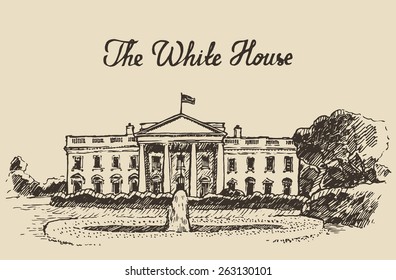 White House in Washington DC, engraved vector illustration, hand drawn, sketch