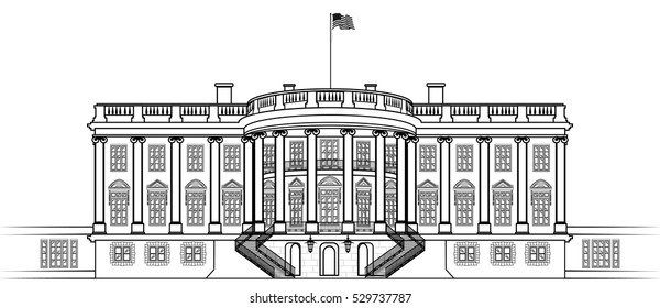 White House, Washington, D.C., the southern facade with a semi-circular portico - official residence of the President of the United States - detailed vector illustration isolated on white background