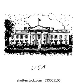 The White House, Washington DC, United States. Vector hand drawn sketch.