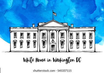 White House in Washington DC, USA, vector illustration on watercolor splash like a sky, background for card