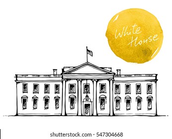 White House in Washington DC, USA, vector illustration isolated on white background with abstract watercolor hand drawn stain like a sun or moon