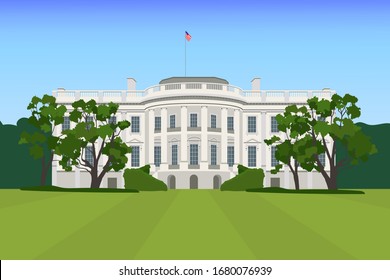 White house Washington DC. Vector graphics of the South side of the facade. Realistic illustration of a backyard.