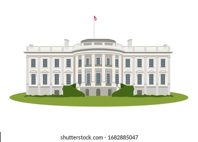 White house Washington DC. Vector graphics of the South side of the facade isolated in white background. Realistic illustration of a backyard.