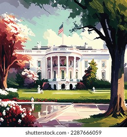 White house Washington DC. Vector graphics of the South side of the facade. Realistic illustration of a backyard.