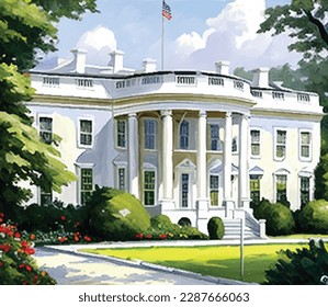 White house Washington DC. Vector graphics of the South side of the facade. Realistic illustration of a backyard.