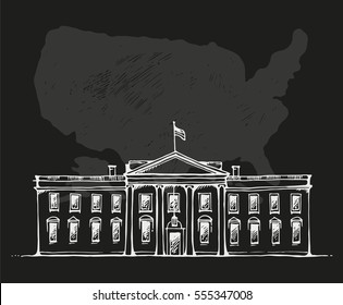 White House in Washington DC vector illustration on black background with silhouette map of USA