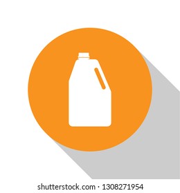 White Household chemicals blank plastic bottle icon isolated on white background. Liquid detergent or soap, stain remover, laundry bleach. Orange circle button. Flat design. Vector Illustration
