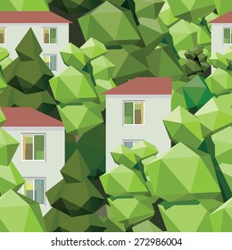 white houses in the low polygon forest vector illustration. Seamless background. - Shutterstock ID 272986004