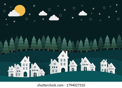 White houses. Mountains view and night sky with beautiful pine trees