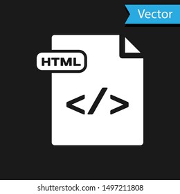 White HTML file document. Download html button icon isolated on black background. HTML file symbol. Markup language symbol.  Vector Illustration