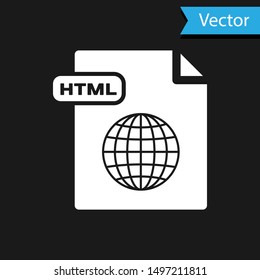 White HTML file document. Download html button icon isolated on black background. HTML file symbol. Markup language symbol.  Vector Illustration