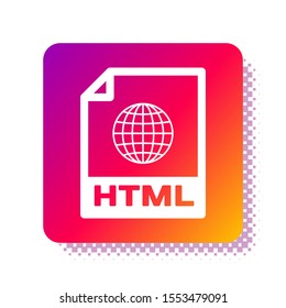 White HTML file document. Download html button icon isolated on white background. HTML file symbol. Markup language symbol. Square color button. Vector Illustration