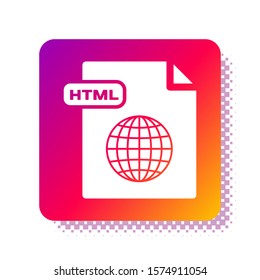White HTML file document. Download html button icon isolated on white background. HTML file symbol. Markup language symbol. Square color button. Vector Illustration