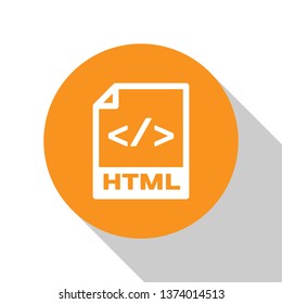 White HTML file document icon. Download html button icon isolated on white background. HTML file symbol. Markup language symbol. Orange circle button. Vector Illustration