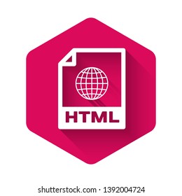 White HTML file document icon. Download html button icon isolated with long shadow. HTML file symbol. Markup language symbol. Pink hexagon button. Vector Illustration