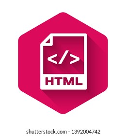 White HTML file document icon. Download html button icon isolated with long shadow. HTML file symbol. Markup language symbol. Pink hexagon button. Vector Illustration