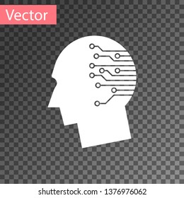 White Human brain as digital circuit board icon isolated on transparent background. Artificial Intelligence. Human head outline with circuit lines inside. Vector Illustration