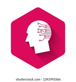 White Human brain as digital circuit board icon isolated with long shadow. Artificial Intelligence. Human head outline with circuit lines inside. Pink hexagon button. Vector Illustration