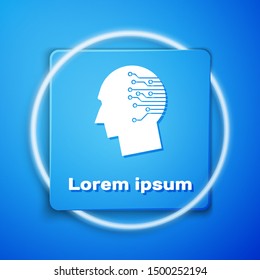 White Human brain as digital circuit board icon isolated on blue background. Artificial Intelligence. Human head outline with circuit lines inside. Blue square button. Vector Illustration