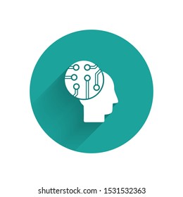 White Human brain as digital circuit board icon isolated with long shadow. Human head outline with circuit lines inside. Green circle button. Vector Illustration