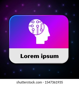 White Human brain as digital circuit board icon isolated on black background. Human head outline with circuit lines inside. Rectangle color button. Vector Illustration
