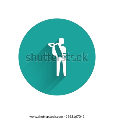 White Human broken arm icon isolated with long shadow. Injured man in bandage. Green circle button. Vector