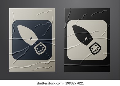 White Human footprints shoes icon isolated on crumpled paper background. Shoes sole. Paper art style. Vector
