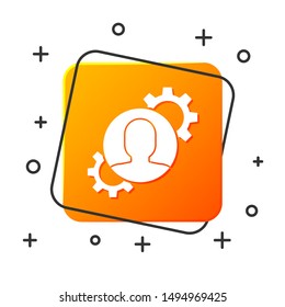White Human with gear inside icon isolated on white background. Artificial intelligence. Thinking brain sign. Symbol work of brain. Orange square button. Vector Illustration