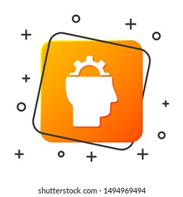 White Human with gear inside icon isolated on white background. Artificial intelligence. Thinking brain sign. Symbol work of brain. Orange square button. Vector Illustration