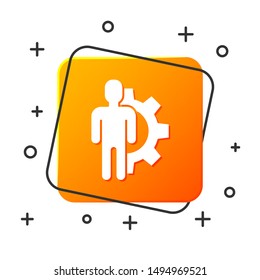 White Human with gear inside icon isolated on white background. Artificial intelligence. Thinking brain sign. Symbol work of brain. Orange square button. Vector Illustration