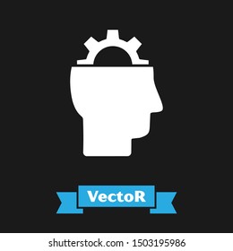 White Human with gear inside icon isolated on black background. Artificial intelligence. Thinking brain sign. Symbol work of brain.  Vector Illustration