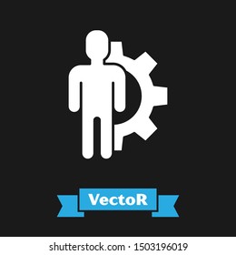 White Human with gear inside icon isolated on black background. Artificial intelligence. Thinking brain sign. Symbol work of brain.  Vector Illustration