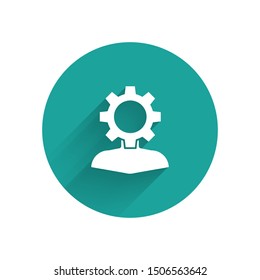 White Human with gear inside icon isolated with long shadow. Artificial intelligence. Thinking brain sign. Symbol work of brain. Green circle button. Vector Illustration